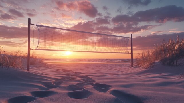 Beach volleyball net stands on a snowy beach at sunset with footprints in the sand
