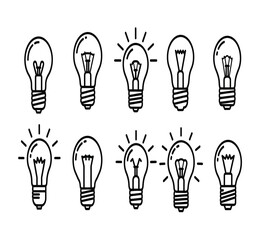 Collection of ten different hand drawn light bulb icons in various states of illumination, isolated on white background for design element use