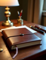 Leather Journal on Wooden Desk with Lamp and Pens in Soft Light