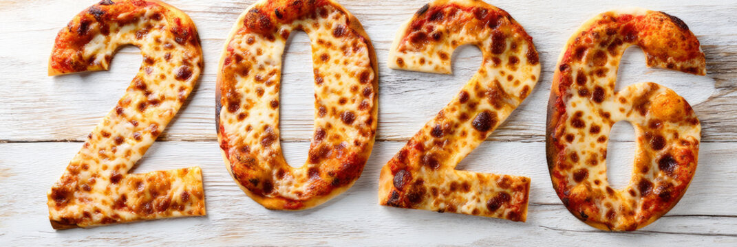 Happy new year 2026 - festive new year party background greeting card with text - Golden yellow fireworks in dark black night. Numbers written in pizza, banner