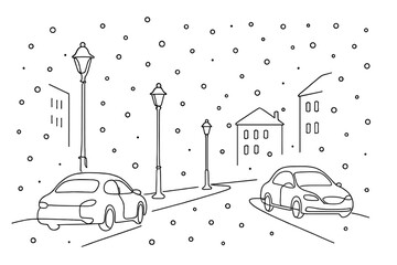 Minimalist Snowy Cityscape. Snowstorm city street. Minimalistic one-line drawing cars, lampposts, and