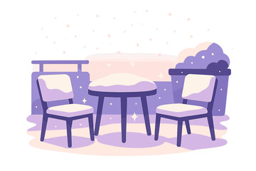 Fototapeta premium Snowy Patio Morning. Morning snow patio. Early sunlight reflects on snow-covered furniture, snowflakes