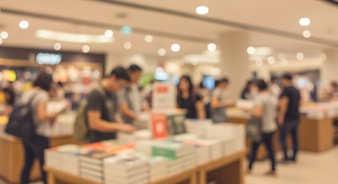 Blurred Bookstore Scene - Customers Browsing Bookshelves in a Brightly Lit Store.