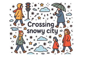 Naklejka premium Snowy City Crossing. Crossing snowy city. Hand-drawn doodle illustration of Crossing snowy city. people,