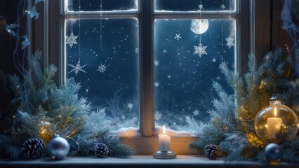 Cozy Winter Night View from a Window with Snowflakes and Christmas Decorations.