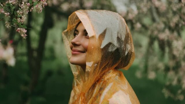 Smiling woman in a translucent orange rain poncho with hood, standing among pink blossoms in a garden.