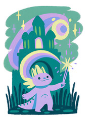 Cute Fantasy Creature with Magic Wand Under Rainbow in Enchanted Forest