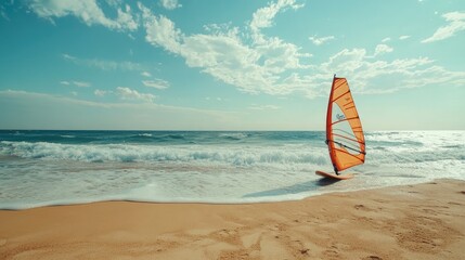 Windsurfing board with orange sail on a sandy beach with gentle waves under a blue sky with clouds