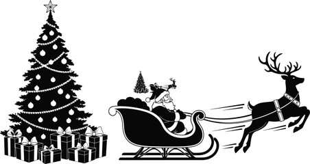 Black silhouette of Santa Claus flying in a sleigh pulled by a reindeer, isolated vector illustration next to decorated Christmas tree and gifts for holiday.Black 