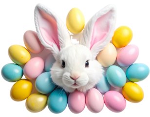Decorative Easter Bunny Ears and Colorful Eggs, Spring Celebration, Transparent Background.