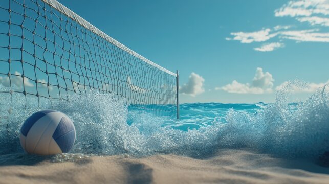 Volleyball on a sandy beach with a net and ocean waves crashing in the background under a blue sky
