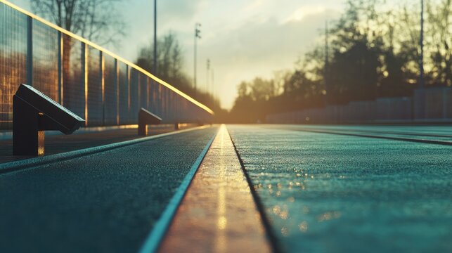 Running track at sunrise with starting blocks and fence, golden hour light