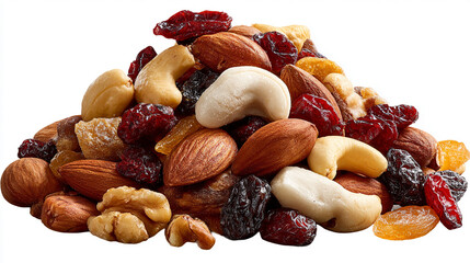 A pile of healthy trail mix with almonds, walnuts, cashews, and dried fruits on a transparent background. The scene evokes nutritious snacking, natural ingredients, energy food, and healthy eating.