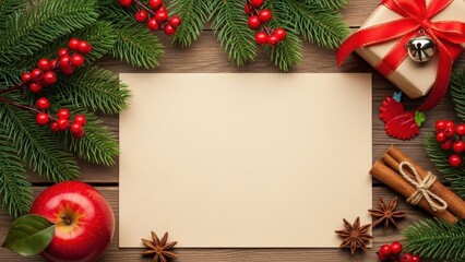 Christmas composition with paper, gift, apple, cinnamon, and fir branches on wooden background