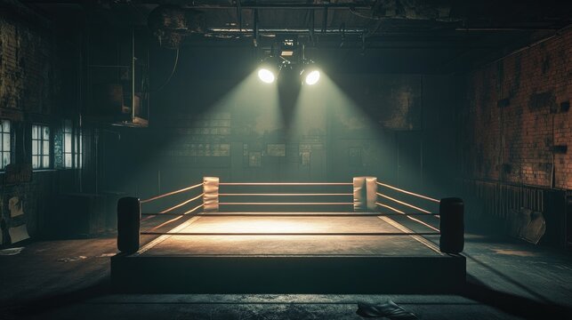 An empty boxing ring illuminated by spotlights in a dark, gritty, abandoned venue, ready for a fight