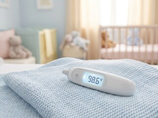 Digital thermometer displays temperature on soft blue blanket in nursery
