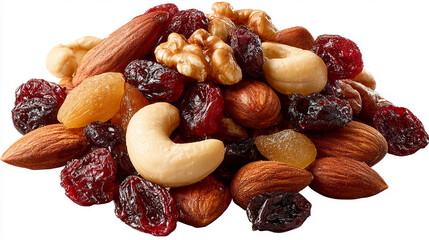 A pile of healthy trail mix with almonds, walnuts, cashews, and dried fruits on a transparent background. The scene evokes nutritious snacking, natural ingredients, energy food, and healthy eating.
