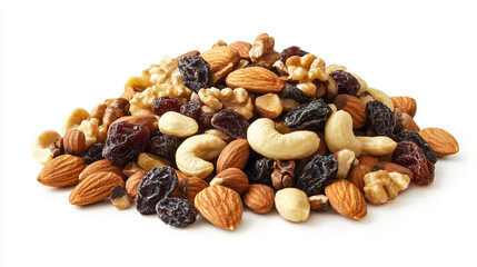 A pile of healthy trail mix with almonds, walnuts, cashews, and dried fruits on a transparent background. The scene evokes nutritious snacking, natural ingredients, energy food, and healthy eating.