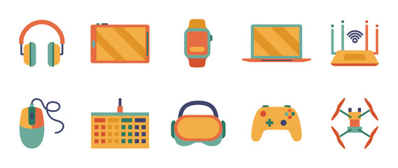 Colorful style technological devices vector icon set. technological devices vector pack is presented in a colorful style to attract attention.