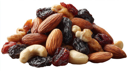 A pile of healthy trail mix with almonds, walnuts, cashews, and dried fruits on a transparent background. The scene evokes nutritious snacking, natural ingredients, energy food, and healthy eating.