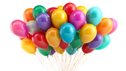 Assorted colorful balloons with curling ribbons floating upwards for a festive celebration or party event.