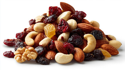 A pile of healthy trail mix with almonds, walnuts, cashews, and dried fruits on a transparent background. The scene evokes nutritious snacking, natural ingredients, energy food, and healthy eating.