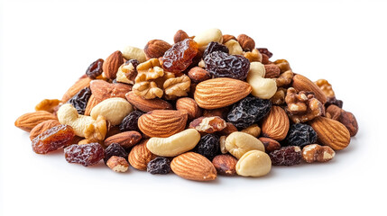 A pile of healthy trail mix with almonds, walnuts, cashews, and dried fruits on a transparent background. The scene evokes nutritious snacking, natural ingredients, energy food, and healthy eating.