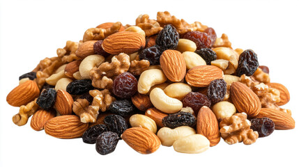 A pile of healthy trail mix with almonds, walnuts, cashews, and dried fruits on a transparent background. The scene evokes nutritious snacking, natural ingredients, energy food, and healthy eating.