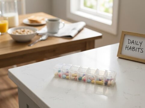 Clear plastic pillbox organizer with medication and vitamins on a counter