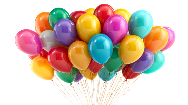 Assorted colorful balloons with curling ribbons floating upwards for a festive celebration or party event. - Powered by Adobe