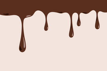 Molten chocolate dripping, vector illustration, flat design. Liquid streaks on a beige background with space for text. Dark brown sweet ice cream is flowing. Background chocolate splash