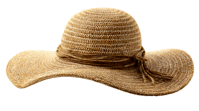 Natural woven straw hat with wide brim and decorative tie, perfect for summer outdoor activities and fashion styling for sunny days.