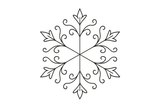 Minimalist Snowflake Design. Frosty star motif. Minimalistic one-line drawing radial snowflake design with