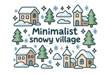 Fototapeta premium Minimalist Snowy Village. Minimalist snowy village. Hand-drawn doodle illustration of Minimalist snowy village