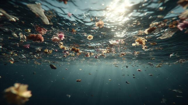 Plastic garbage and debris float underwater, illustrating marine pollution. The scene evokes environmental awareness, ocean conservation, ecological impact, and the urgent need to protect marine life.