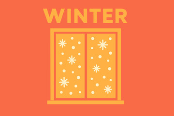 Snowy Window View. Window view with falling snow. Modern minimalist poster banner, bold sans-serif typography,