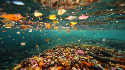 Plastic garbage and debris float underwater, illustrating marine pollution. The scene evokes environmental awareness, ocean conservation, ecological impact, and the urgent need to protect marine life.