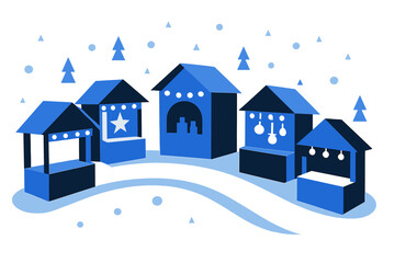 Fototapeta premium Winter Market Lane. Winter Christmas Market Lane. Flat minimalist vector illustration of a Winter Christmas