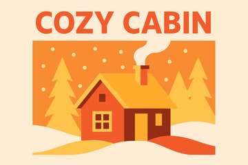 Fototapeta premium Minimalist Snowy Cabin. Cozy cabin in snowy woods. Modern minimalist poster banner, bold sans-serif typography