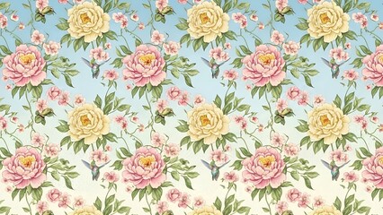 Obraz premium Seamless Floral Pattern: Vintage Peonies, Hummingbirds, and Delicate Blooms on a Gradient Background