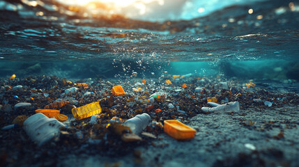 Plastic garbage and debris float underwater, illustrating marine pollution. The scene evokes environmental awareness, ocean conservation, ecological impact, and the urgent need to protect marine life.