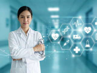 Digital health and modern medicine concept with an Asian female doctor and a futuristic virtual screen of medical icons.