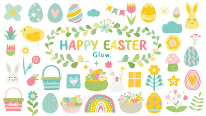 A vibrant collection of easter themed illustrations featuring cute bunnies chicks colorful eggs flowers baskets and a rainbow with the text happy easter glow