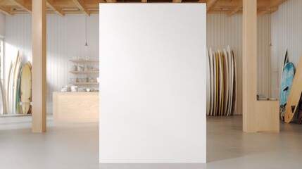 Empty Room for Surfboards: The blank canvas for a surf shop interior. Boards in the background. Ready to add your branding. 
