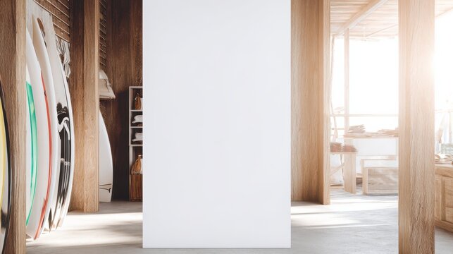 Poster Advertisement in a Surfboard Shop: An eye-level perspective offers a captivating view of an indoor setting with surfboards, wooden pillars, and architectural elements and a blank poster.