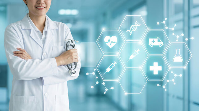 Digital health and medical technology concept with a female doctor and a holographic interface of modern healthcare icons. - Powered by Adobe