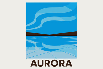 Minimalist Aurora Reflection. Aurora reflected on frozen lake. geometric sans heavy, flat fills, long angled
