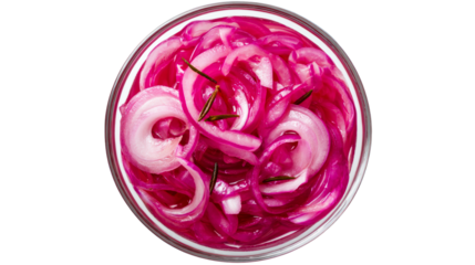 Overhead view of a clear glass bowl filled with vibrant sliced red onions and fresh rosemary sprigs, perfect for culinary presentations and food blogs.