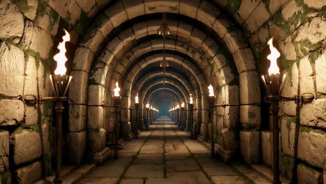Cinematic 4K animation of a luxurious ancient style stone tunnel with torches and decorative arches creating a mysterious and cinematic environment ideal for movie style fantasy or architectural