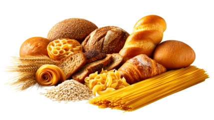 Assortment of baked goods including loaves, rolls, croissants, and pasta, alongside wheat ears and oats, perfect for culinary themes and food advertising.